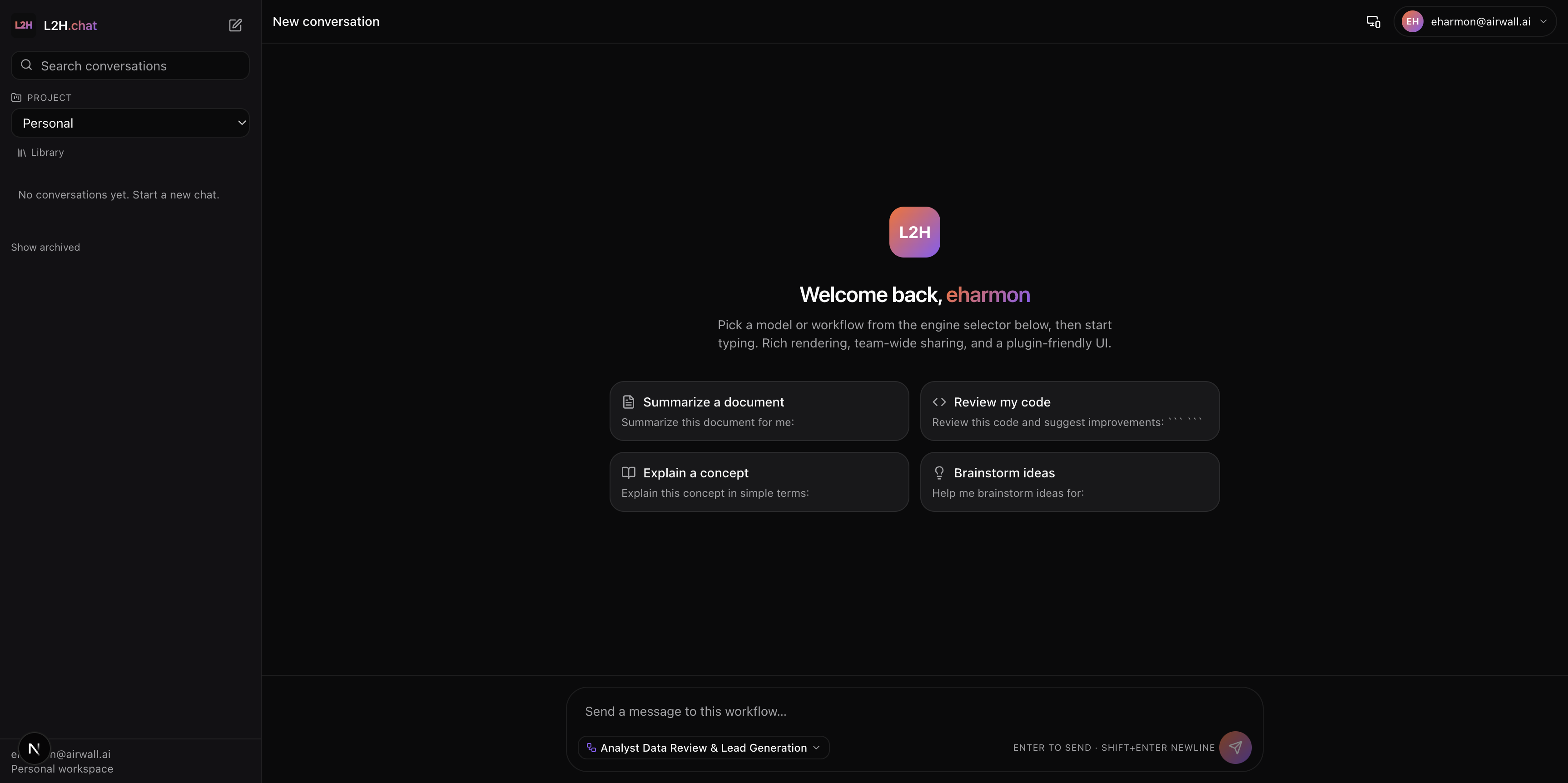 Chat welcome state — sidebar with project selector and library, suggested prompt cards, and an engine selector ready to pick a model or workflow.