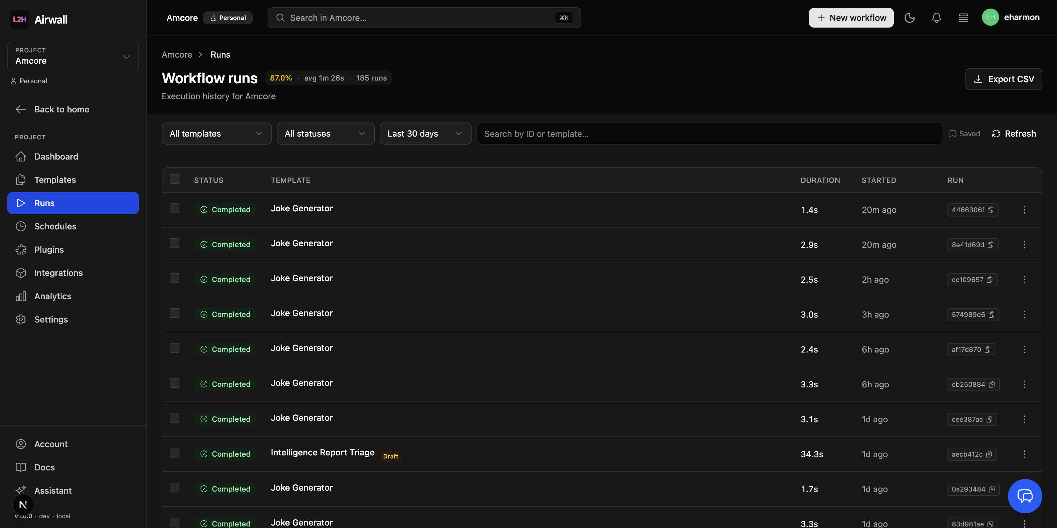 Workflow runs operations console showing 185 runs with status, template, duration, started timestamp, and run ID columns; filters at top.
